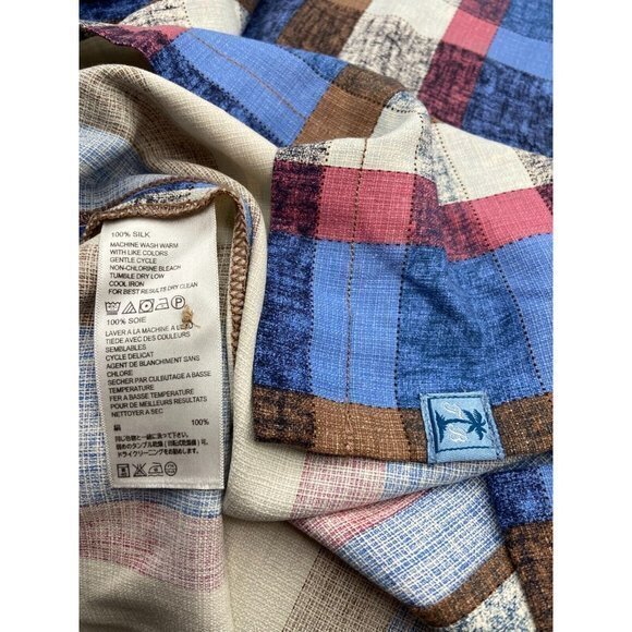 Tommy Bahama Mens Silk Shirt Checkered Blue Brown Pink Button Up Short Sleeve L - Picture 6 of 6